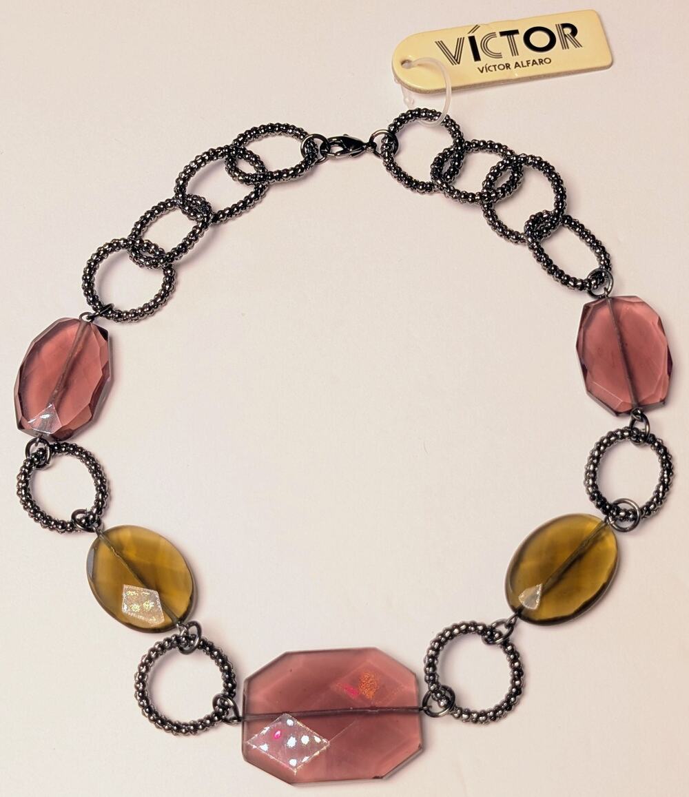 NWT Victor Alfaro Amy Chunky Choker Necklace 18" Hematite Plum Chartreuse Beads
